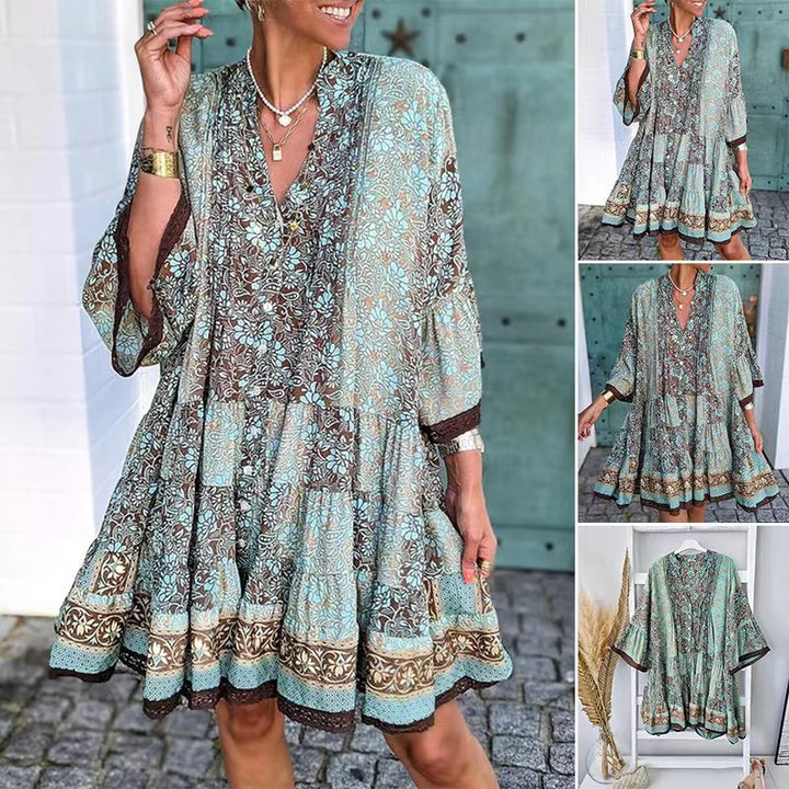Damen nan luftiges Boho-Stufenkleid mit V-Ausschnitt weiten Fledermausärmeln und Spitzenbordüre Echo Archiv