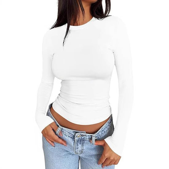 Damen Körpernahes Langarmshirt im Cropped-Look mit verlängerten Ärmeln und Daumenloch – Avérine