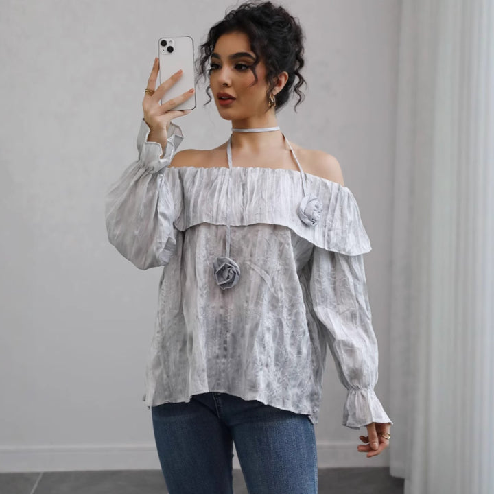 Damen Schulterfreies Crinkle-Blusentop mit Volant, Ballonärmeln und Choker – Élovi