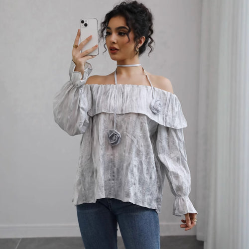 Damen Schulterfreies Crinkle-Blusentop mit Volant, Ballonärmeln und Choker – Élovi