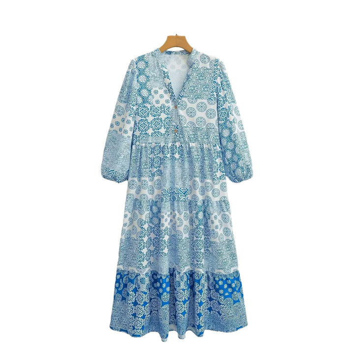 Damen Maxi‑Kleid im Patchwork‑Print mit V‑Ausschnitt, Stufenrock und 3/4‑Ärmeln Echo Archiv