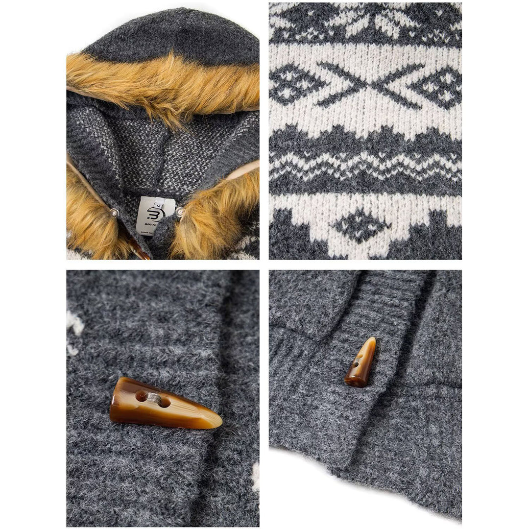 Damen Modische Strickjacke mit Kapuze und kunstfellbesetztem Kragen Echoarchiv
