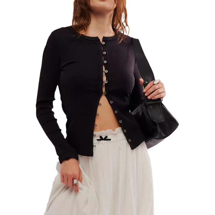 Damen gerippte taillenbetonte Knopf-Strickjacke mit Rundhals – Avérine