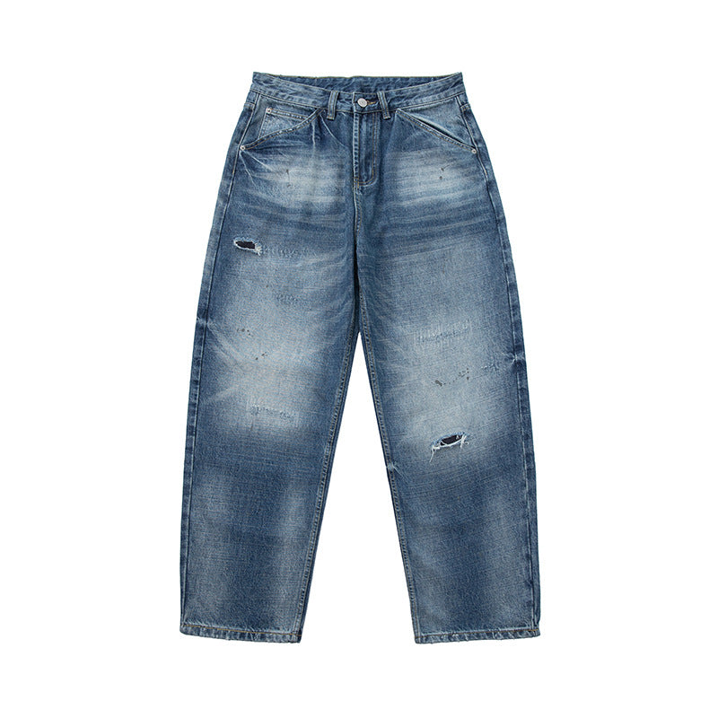 Damen locker geschnittene hochtaillierte Jeans im Used-Look mit ausgefransten Details und Ziernähten Echoarchiv