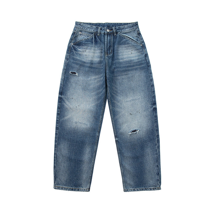 Damen locker geschnittene hochtaillierte Jeans im Used-Look mit ausgefransten Details und Ziernähten Echoarchiv