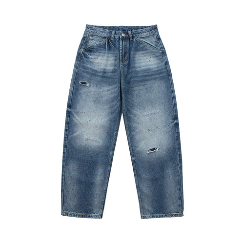 Damen locker geschnittene hochtaillierte Jeans im Used-Look mit ausgefransten Details und Ziernähten Echoarchiv