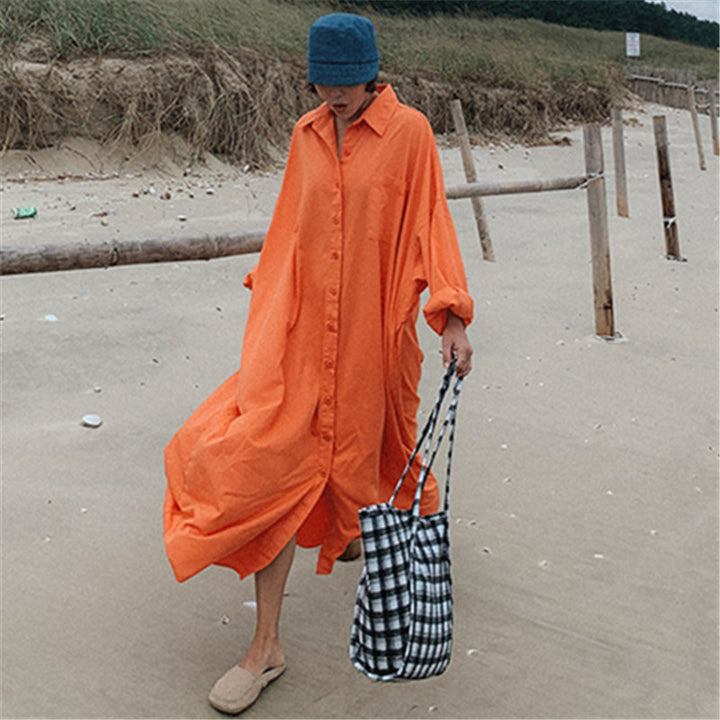 Damen Oversize-Hemdmaxikleid mit durchgehender Knopfleiste und weitem Fall Echoarchiv