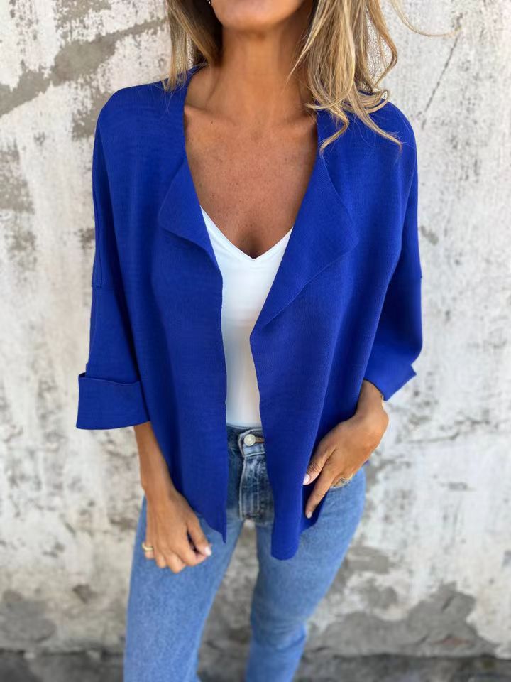 Damen nan legerer offener Strickcardigan mit Schalkragen krempelbaren Ärmeln und kastiger Silhouette Echo Archiv