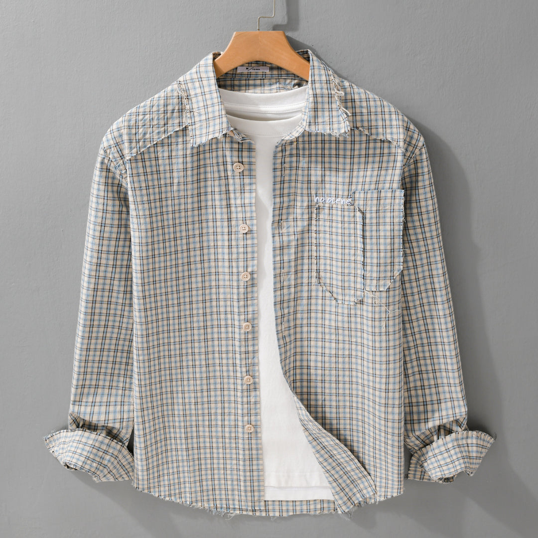Herren Karo-Overshirt mit fransigem Saum, Brusttasche und Relaxed-Fit Echoarchiv