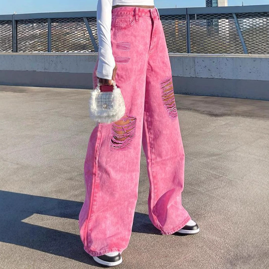 Damen Hochtaillierte weite Denim‑Palazzo‑Hose mit auffälligen Ripped‑Einsätzen Echo Archiv