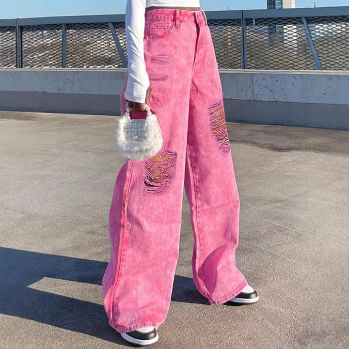 Damen Hochtaillierte weite Denim‑Palazzo‑Hose mit auffälligen Ripped‑Einsätzen Echo Archiv
