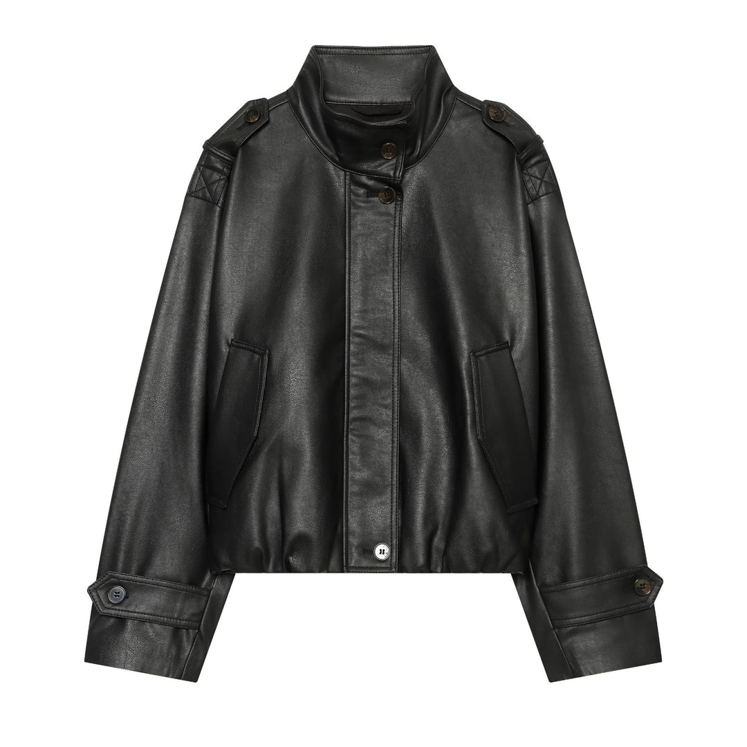 Damen Cropped Kunstleder‑Blousonjacke mit Funnelkragen, Epauletten und elastischem Saum Echo Archiv