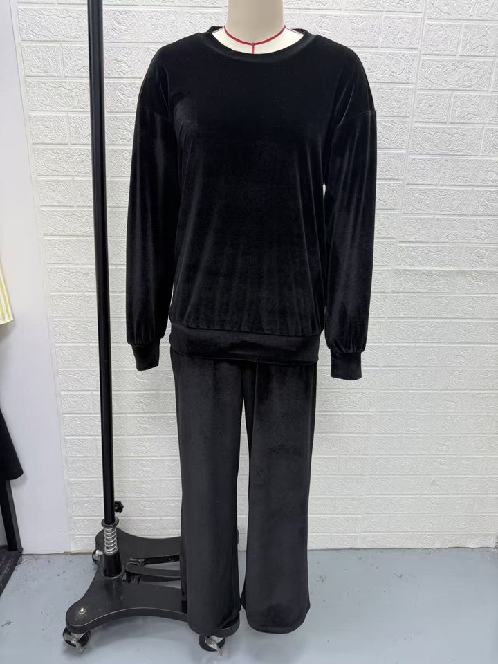 Damen Weiches Velours-Loungewear-Set mit weitem Bein und Rundhalsausschnitt Echoarchiv