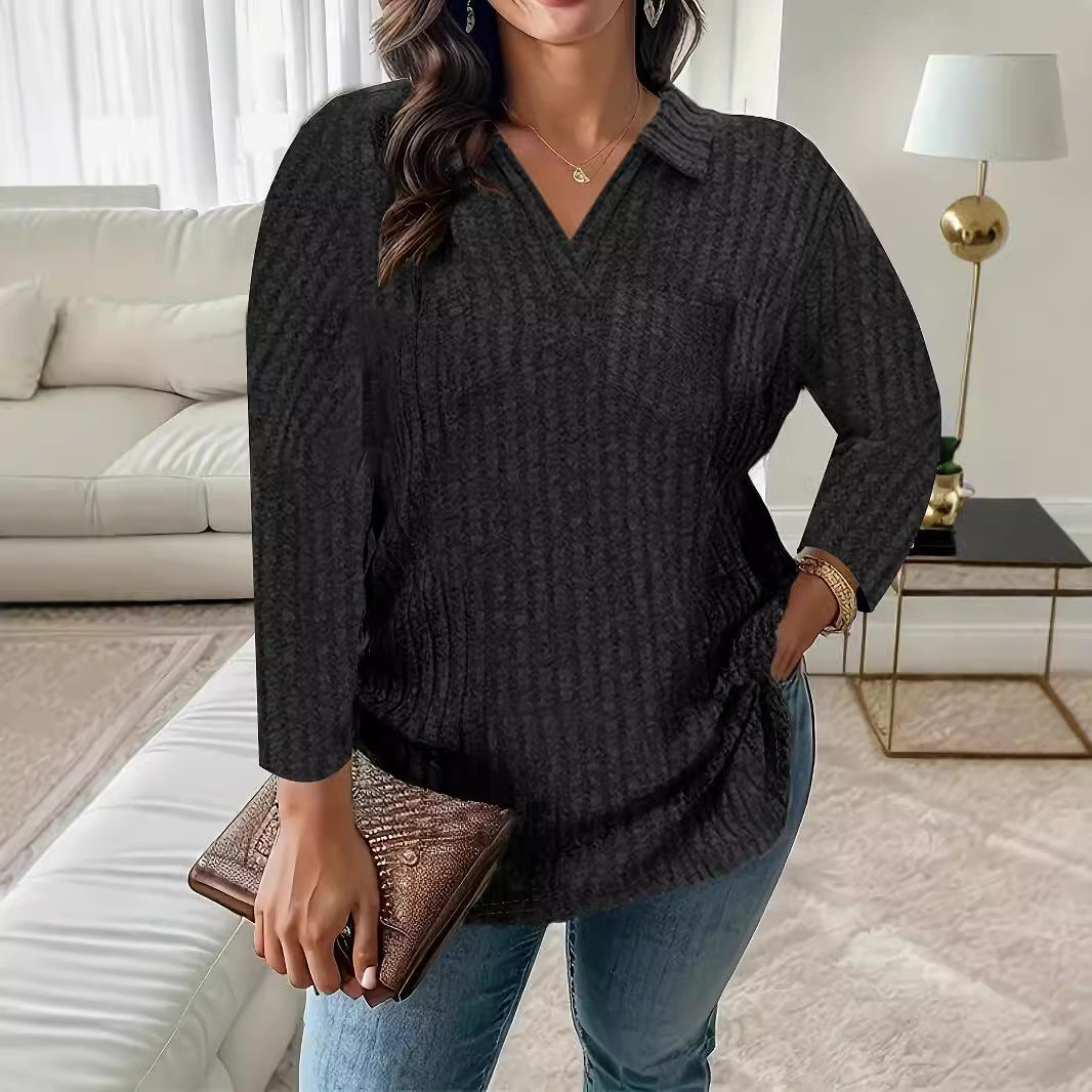 Damen Gerippter V-Ausschnitt Pullover mit Hemdkragen und lockerer Tunika-Silhouette Echoarchiv