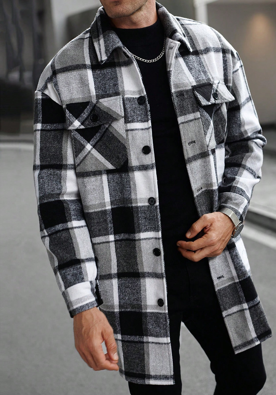 Herren karierte Flanelljacke mit knöpfbaren Taschen und modernem Schnitt Echoarchiv