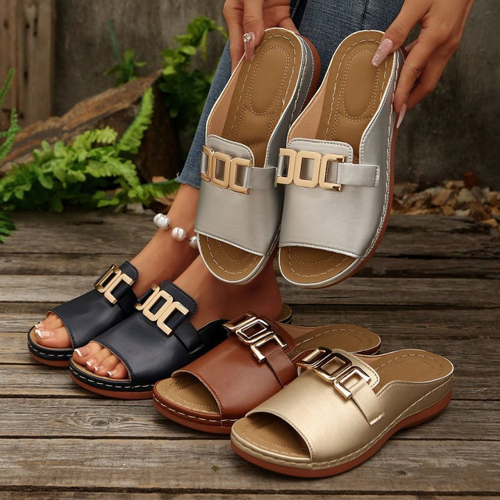 Damen nan Pantolette-Slipper mit goldfarbener Zierkette, ergonomischem Komfortfußbett und genähter Profilsohle Echo Archiv