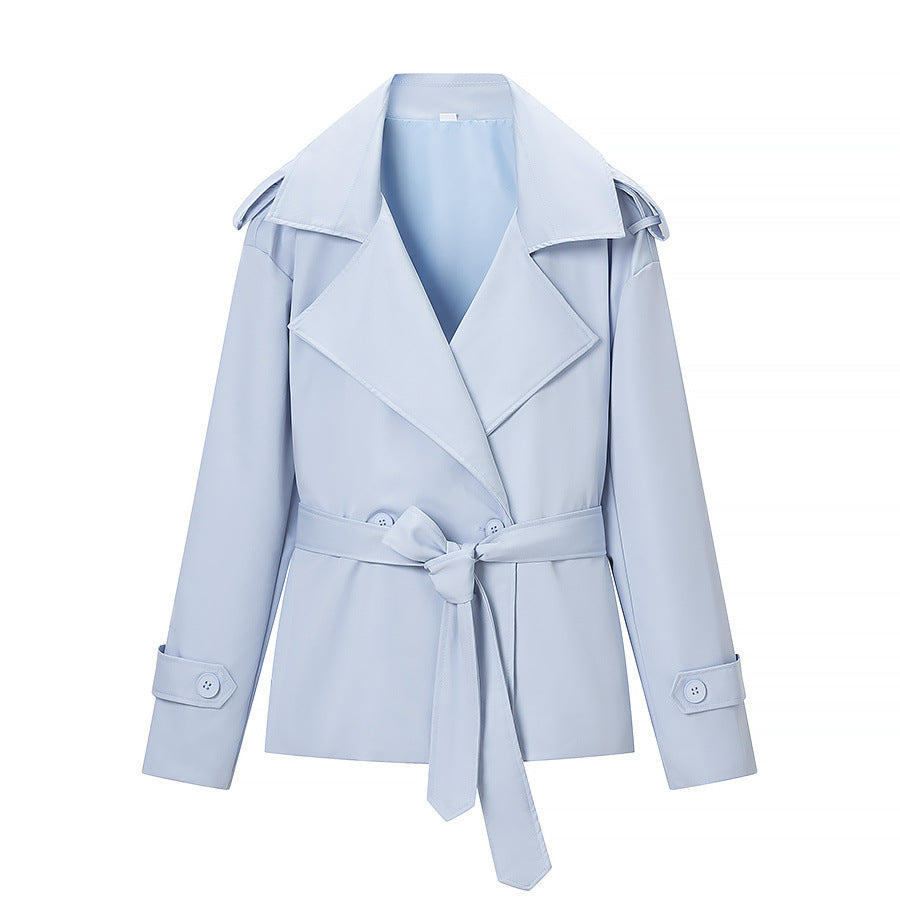 Damen Taillierter kurzer Trenchcoat mit Bindegürtel und Epauletten Echoarchiv