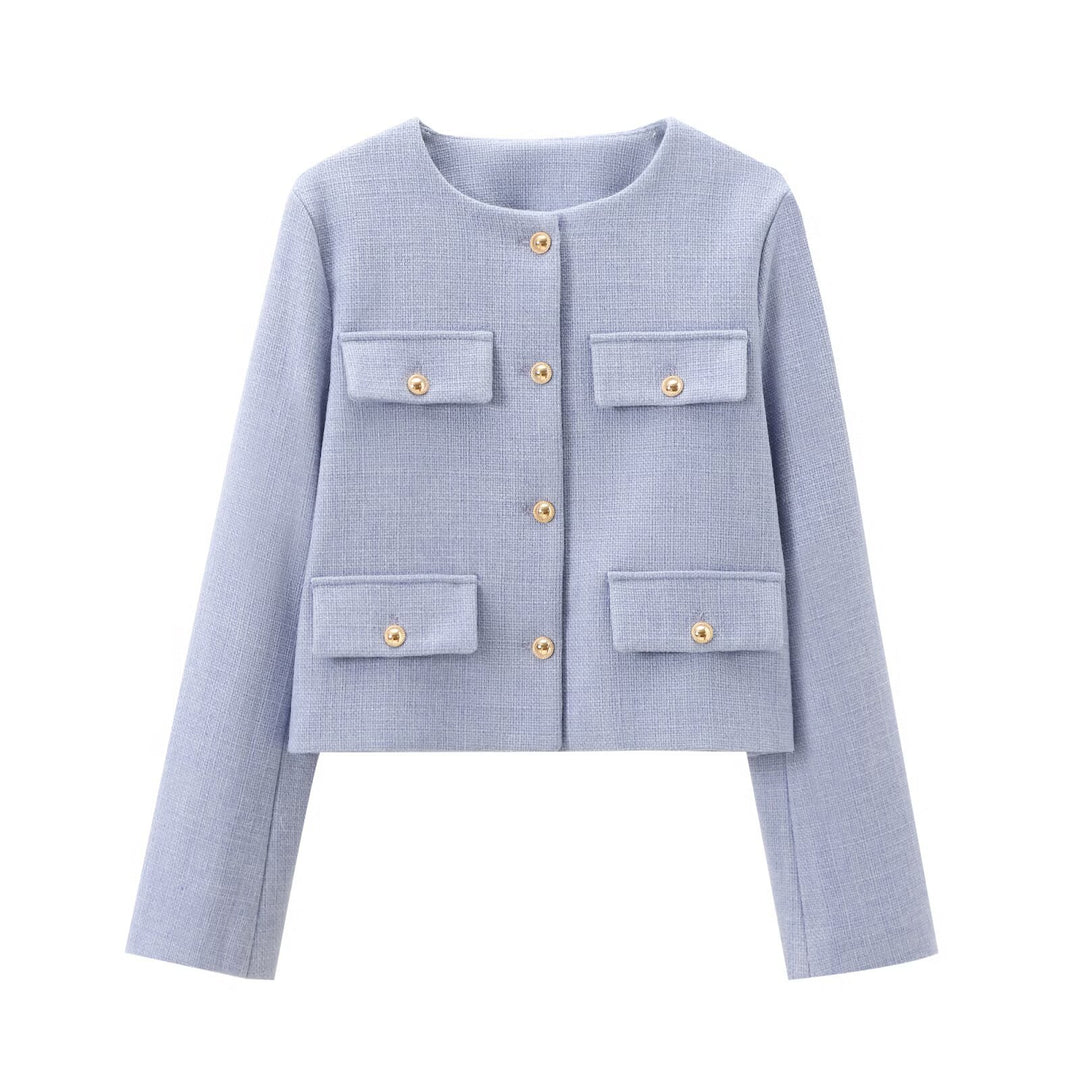 Damen kurz geschnittene Bouclé-Tweedjacke mit Rundhalsausschnitt Zierknopfdetails und aufgesetzten Pattentaschen – Célinea