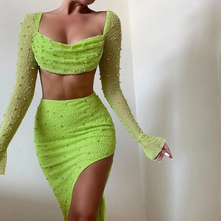 Damen Elegantes Crop-Top mit langen, transparenten Ärmeln und funkelnden Akzenten Echo Archiv