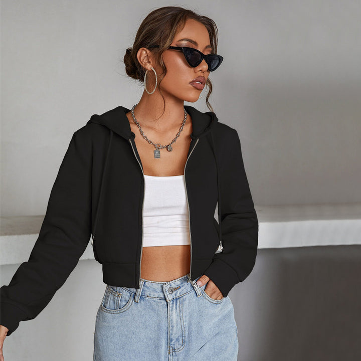 Damen kurze Kapuzenjacke mit durchgehendem Reißverschluss taillierter Silhouette und elastischen Bündchen – Célinea