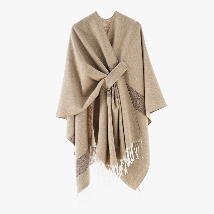 Damen Wollmix-Capeponcho mit Bindeschlaufen, weichgewebtem Oversize-Überwurf und Fransensaum – Avérine