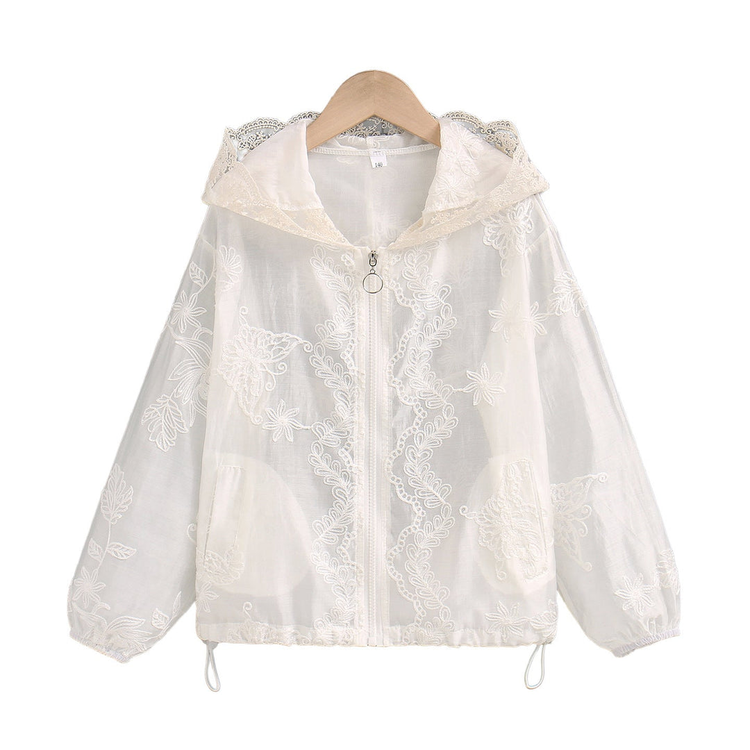 Damen nan transparente bestickte Kapuzenjacke mit Reißverschluss und Tunnelzug Echo Archiv