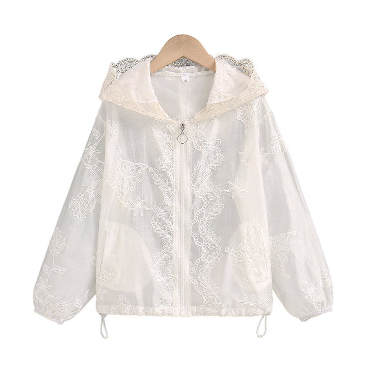 Damen nan transparente bestickte Kapuzenjacke mit Reißverschluss und Tunnelzug Echo Archiv