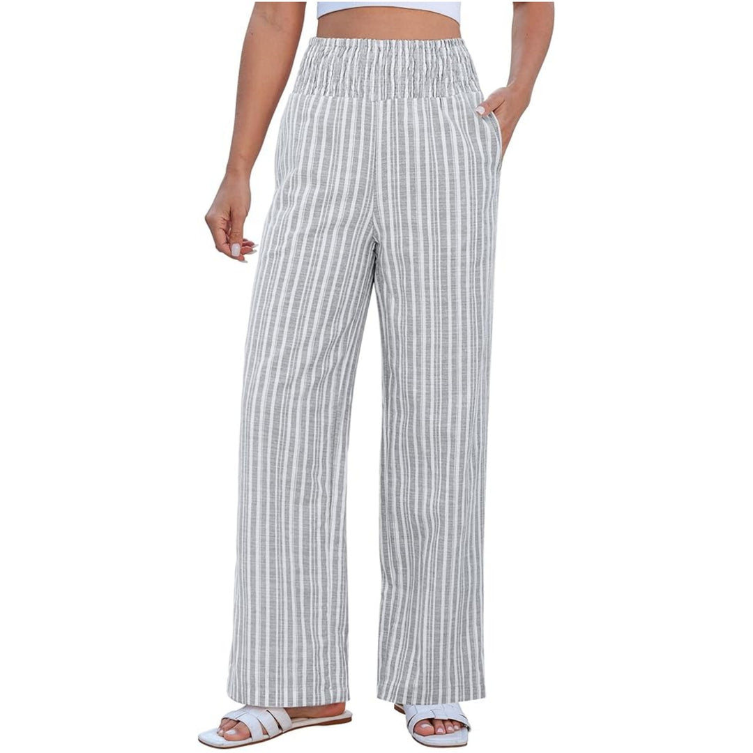 Damen Leichte Leinenhose mit weitem Bein, hoch geschnittener geraffter Gummibund und Seitentaschen Echo Archiv