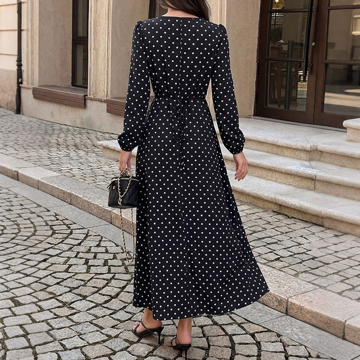 Damen Polka‑Dot Maxikleid mit Spitzen‑V-Ausschnitt, Empire‑Taillenlinie und langem Fließrock Echoarchiv