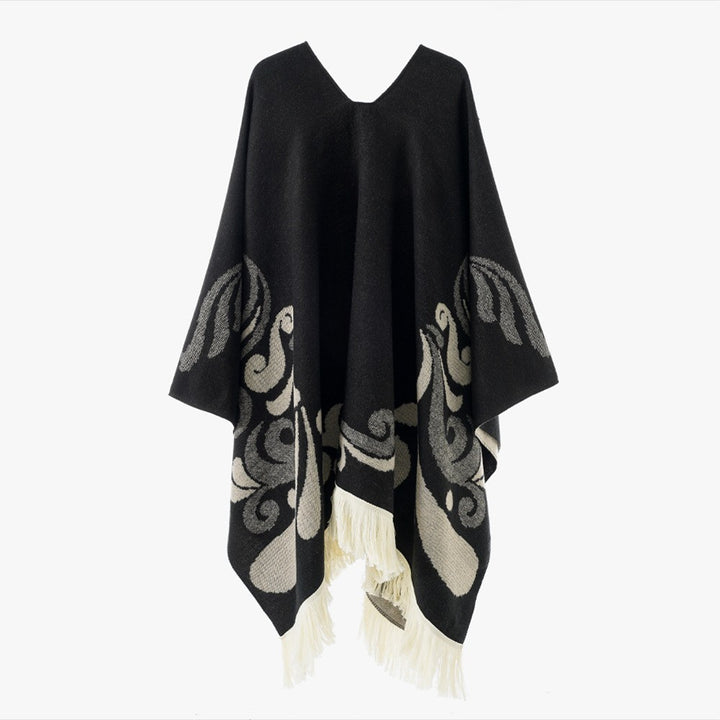 Damen Ornamentaler Jacquard‑Poncho mit V‑Ausschnitt und Fransensaum Echo Archiv