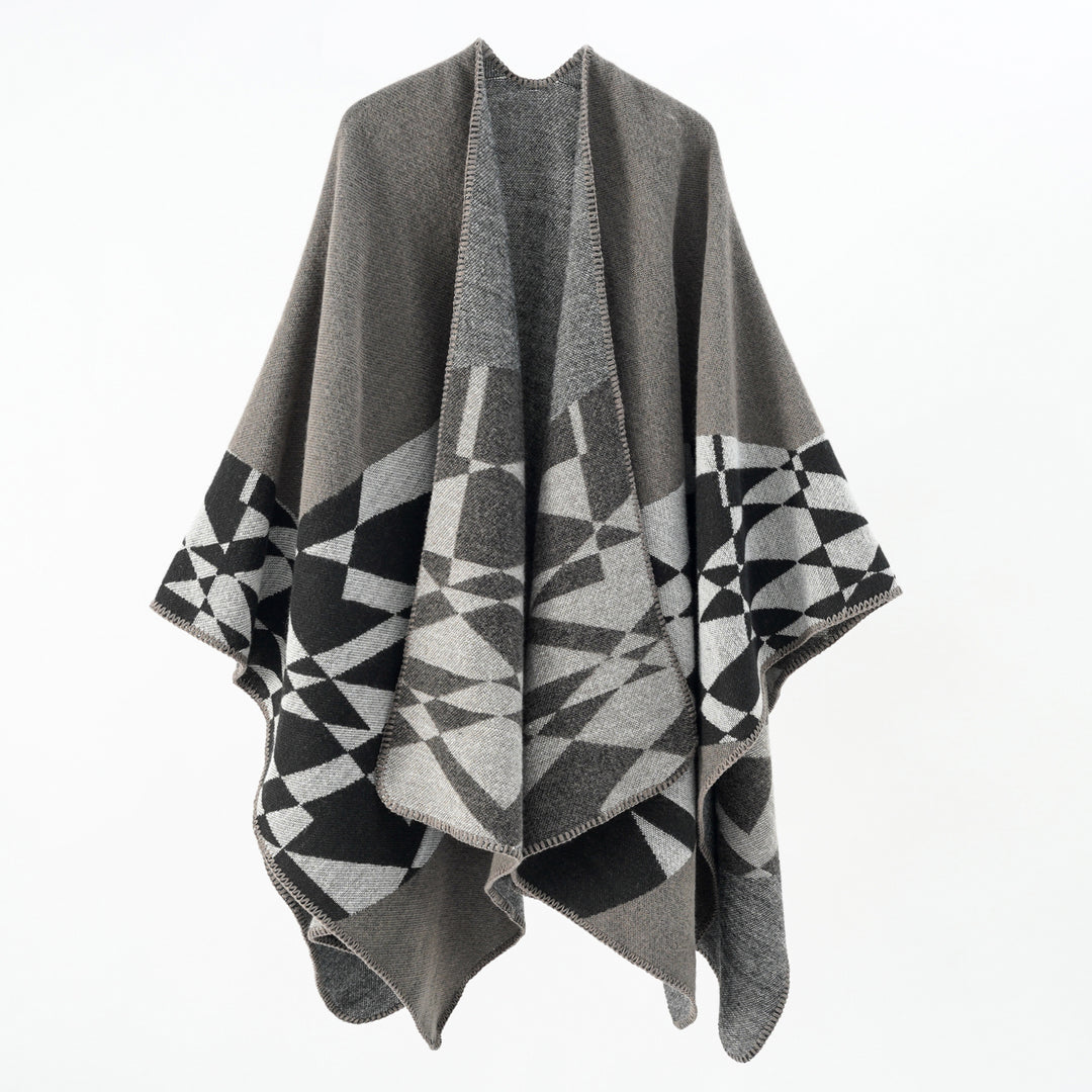 Damen Großer Strickponcho im Cape‑Schnitt mit Ziernaht und geometrischem Intarsia – Veloura