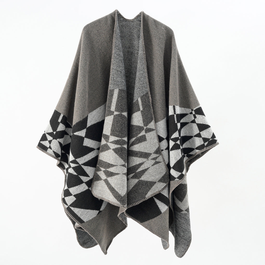 Damen Großer Strickponcho im Cape‑Schnitt mit Ziernaht und geometrischem Intarsia – Veloura