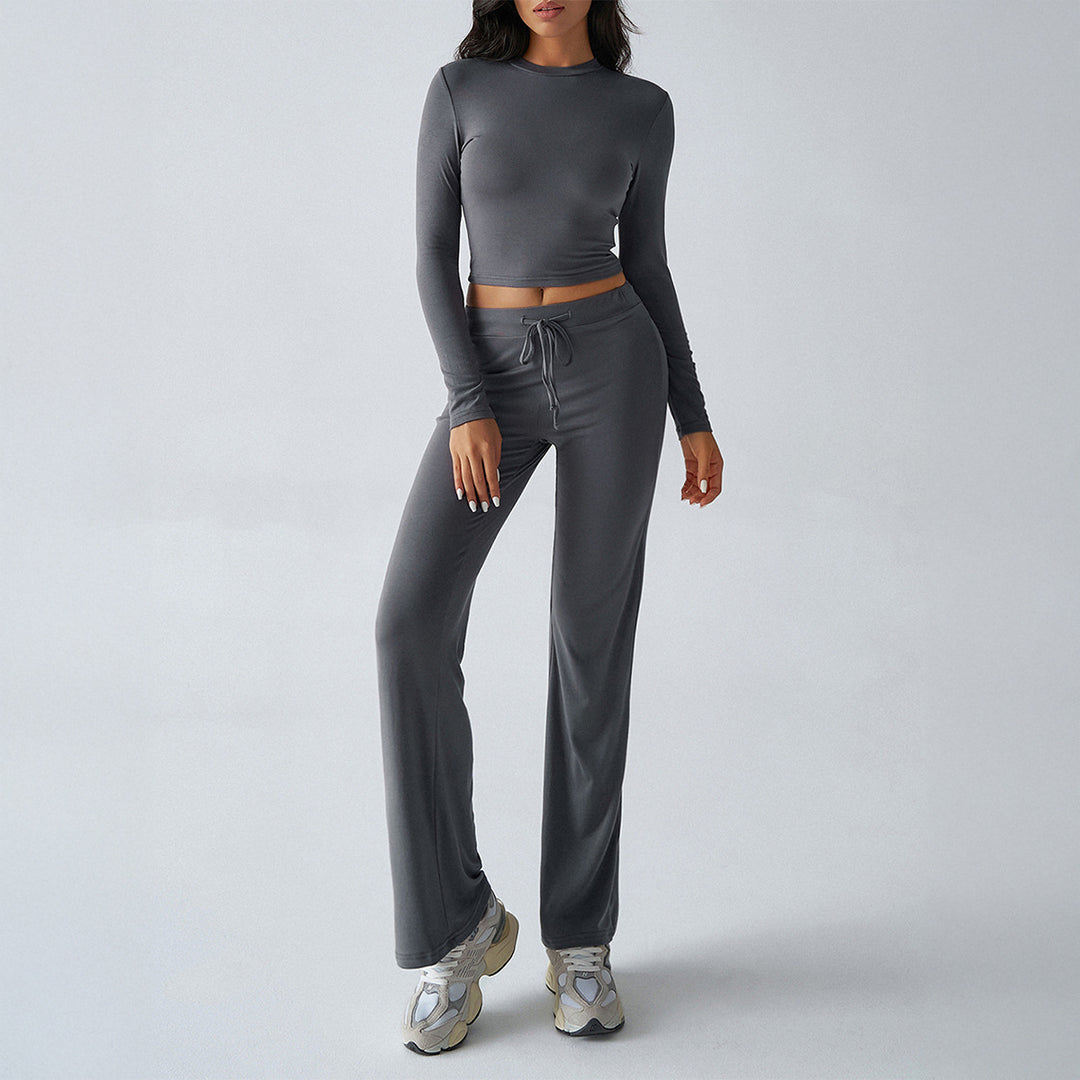 Damen nan tailliertes Longsleeve-Crop-Top und weite Lounge-Hose im Zweiteiler-Set aus Stretchjersey Echo Archiv