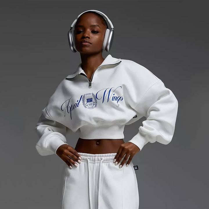 Damen Cropped Halbzip-Sweatshirt mit weitem High‑Waist Loungehose Set – Avérine