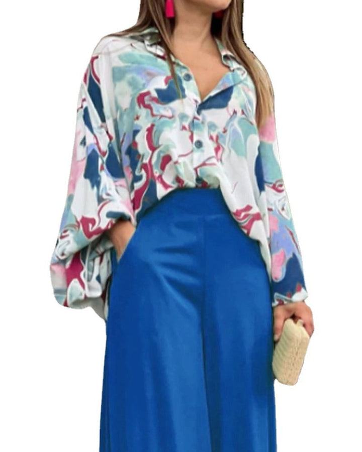 Damen Oversize Hemdbluse mit abstraktem Aquarellprint und überschnittener Schulter – Élovi