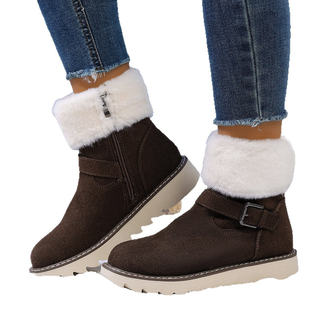 Damen Gefütterte Kurzstiefelette mit Kunstfellkragen, Velours‑Optik und Zierschnalle – Varelle