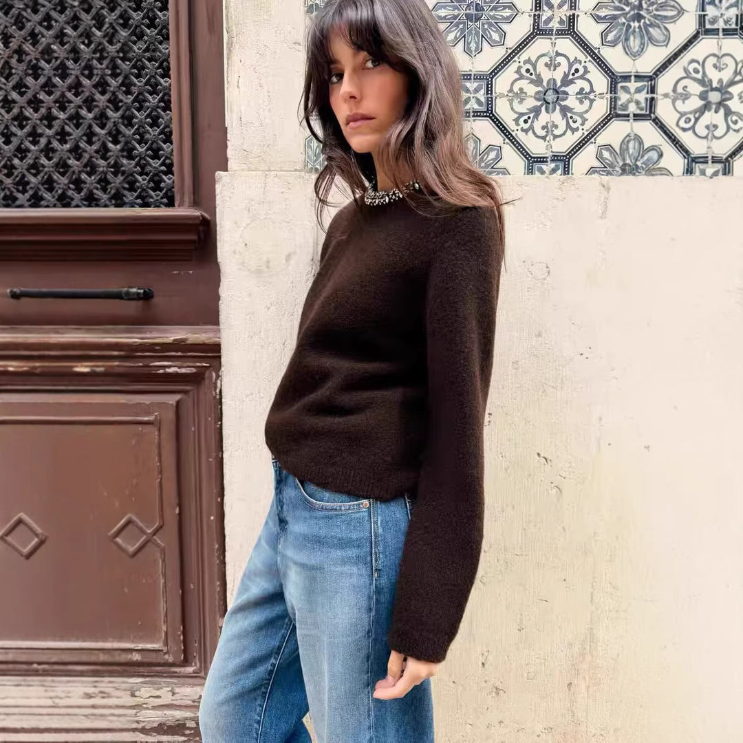 Damen Feinstrick-Pullover mit Schmuckkragen und leichtem Boxy-Cropped-Schnitt Echoarchiv
