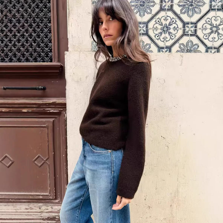 Damen Feinstrick-Pullover mit Schmuckkragen und leichtem Boxy-Cropped-Schnitt Echoarchiv