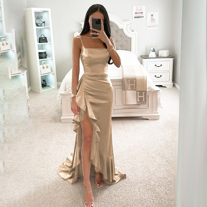 Damen elegantes Maxikleid mit seitlichem Schlitz und fließendem Rüschensaum Echo Archiv