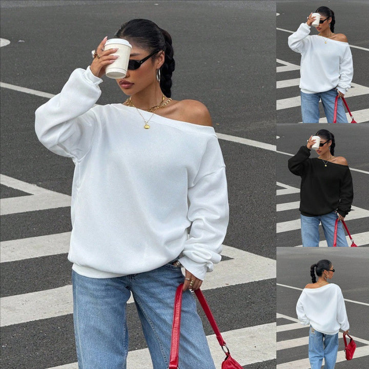 Damen Oversize Off-Shoulder Sweatshirt mit weitem Schnitt und schrägem Ausschnitt Echoarchiv
