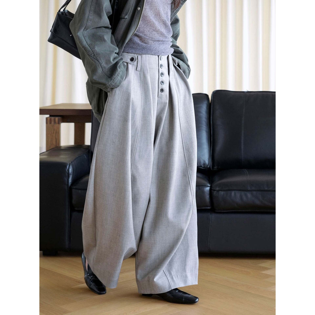 Damen weite Hose mit hoher Taille und dekorativer Knopfleiste Echoarchiv
