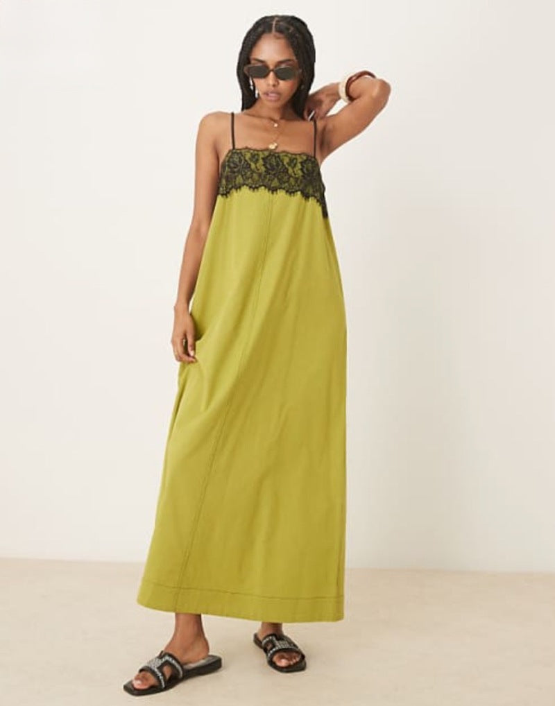 Damen nan nachtwäscheinspiriertes Maxikleid mit Spitzenbustier und schmalen Spaghettiträgern Echo Archiv