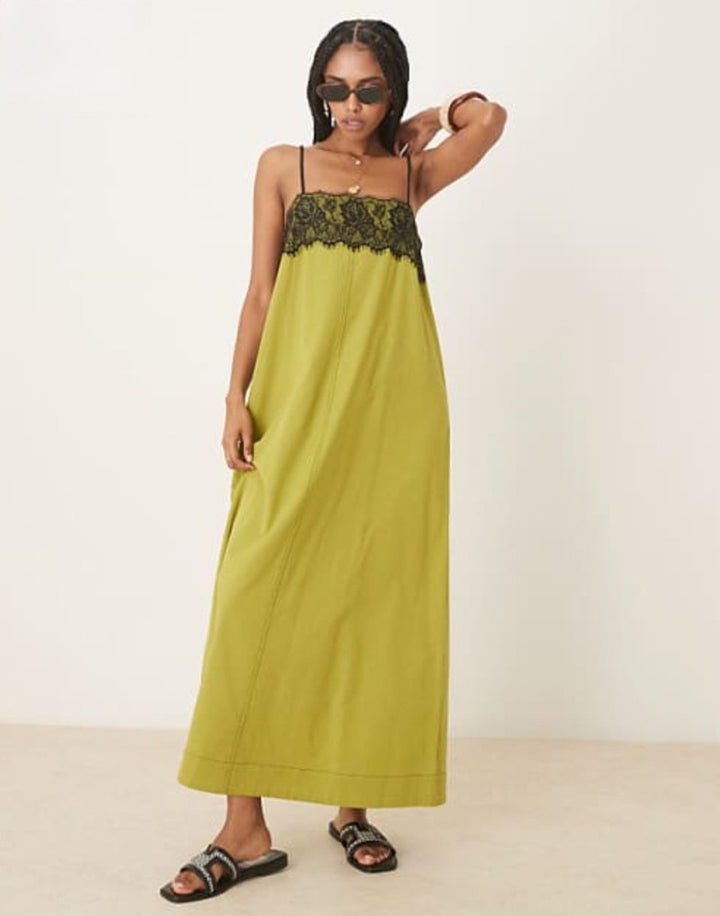 Damen nan nachtwäscheinspiriertes Maxikleid mit Spitzenbustier und schmalen Spaghettiträgern Echo Archiv
