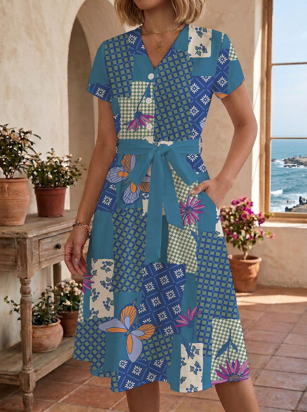 Damen Sommerliches Kleid mit taillierbarem Bindegürtel und floralem Muster Echo Archiv