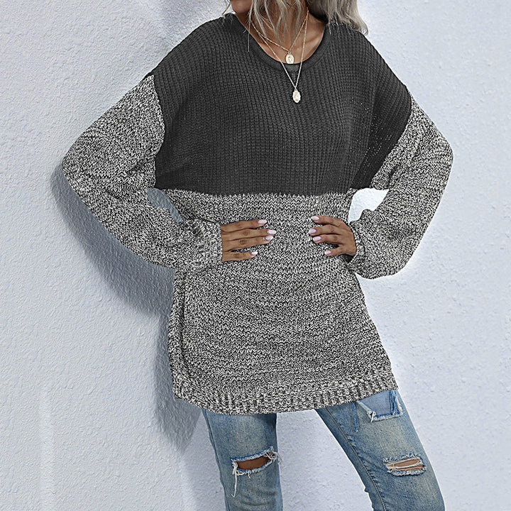 Damen Oversize Strickpullover mit Colorblock-Optik, rundem Ausschnitt und melierter Strukturstrick Echoarchiv