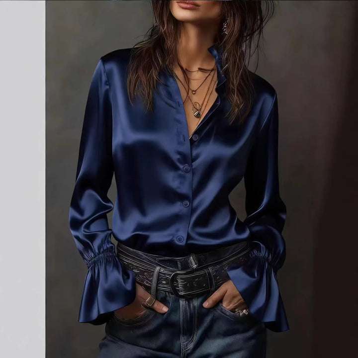 Damen Seidenglänzende Satinbluse mit Stehkragen, Knopfleiste und Volantärmel – Élovi