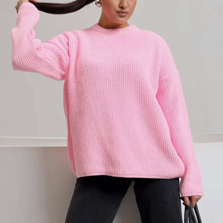 Damen Oversize Strukturstrick-Pullover mit Rundhalsausschnitt und überschnittener Schulter – Mavelle