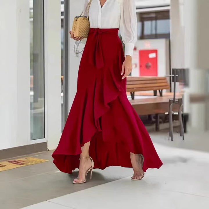 Damen Wickel-Maxirock mit Vichy-Karo, hoher Taillenbinde und asymmetrischem Volantsaum – Valéora