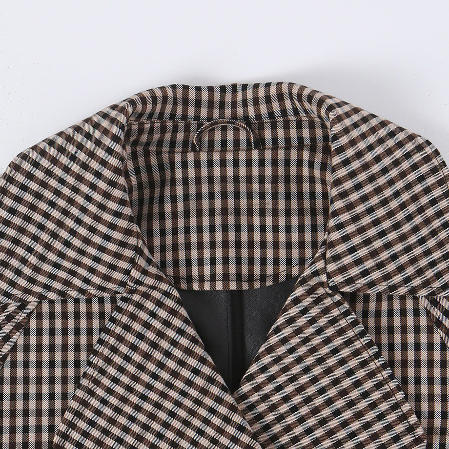 Damen Kurze Karo-Trenchjacke mit Tunnelzug-Taille und weitem Revers Echoarchiv
