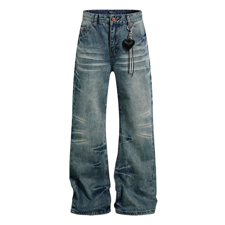 Damen Weite Vintage-Jeans im Schlagstil mit Used-Wash und Herz-Anhänger Echoarchiv